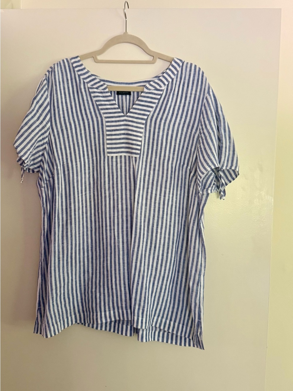 Talbots White and Blue Vertical Stripe V-Neck